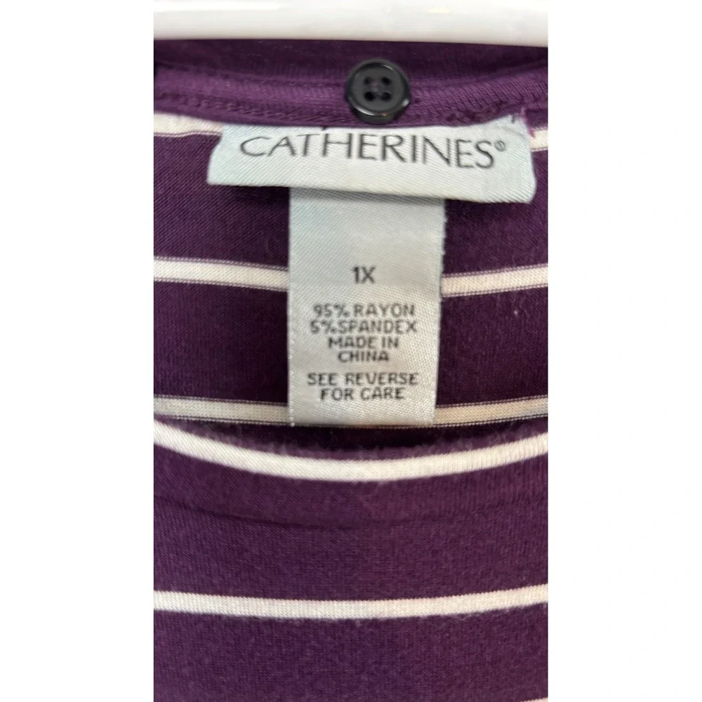 Catherines Purple White Striped Ruched Sleeve Tunic Top Plus Size 1X